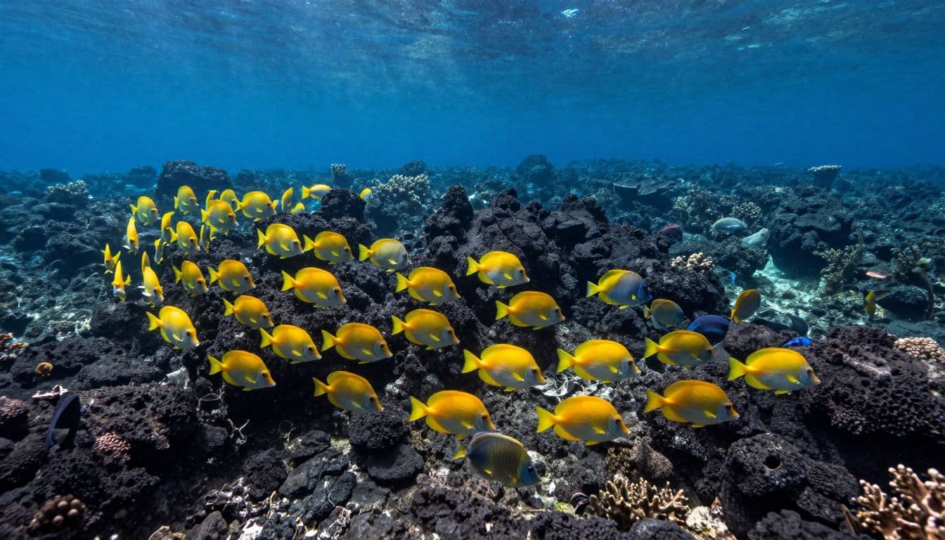 Reef-to-sand transition line with schooling fish above